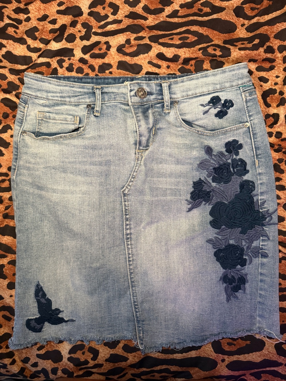 Vintage America Light Blue Denim Mini Skirt with Navy Floral Embroidery